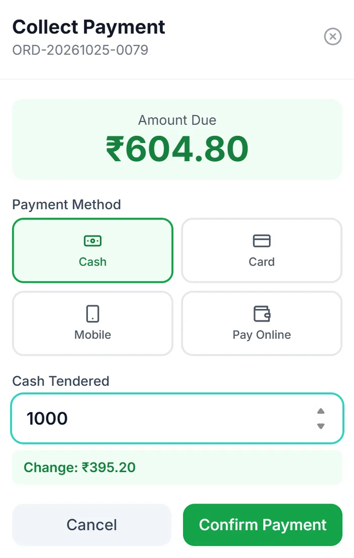 Collecting payment with cash tendered and change shown