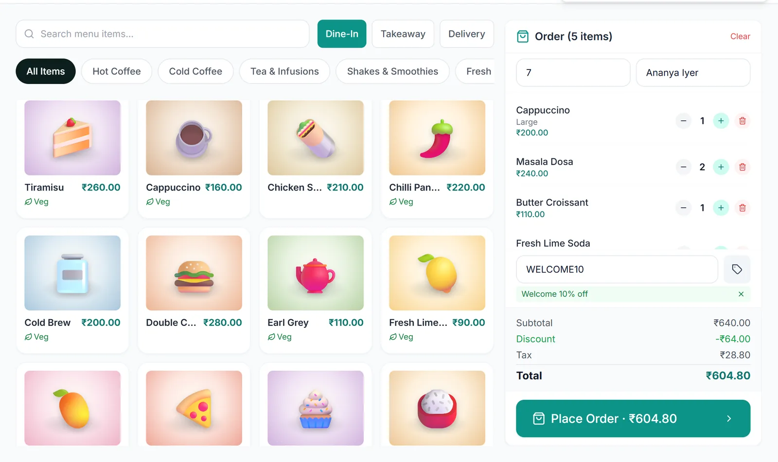 PyCafe point of sale with a photo menu and an order in the cart